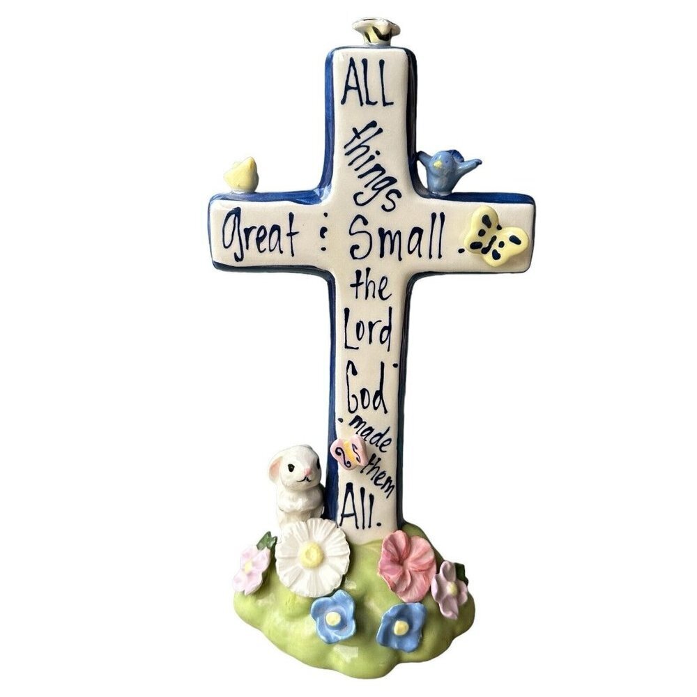 Hand-Painted Cross 10.5 Inch Porcelain Bunny Birds Flowers Easter Inspire Signed